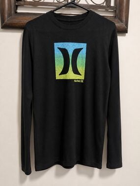 Hurley Black Long Sleeve Tee with Blue-Green Gradient Logo